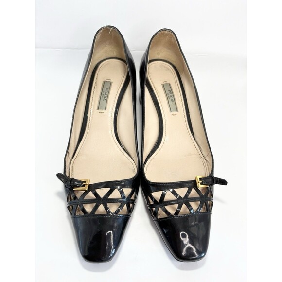PRADA Shoes - Prada Black Mary Jane Pumps Patent Leather Laser Cut Accents Sz EU 38.5 8.5
